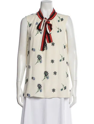 Pre-owned Tory Burch Floral Print Tie Neck Blouse In Neutral