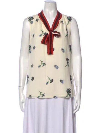 Pre-owned Tory Burch Floral Print Tie Neck Blouse In Neutrals