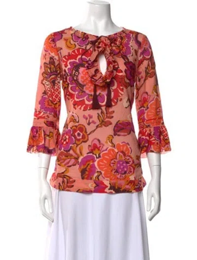Pre-owned Tory Burch Floral Print Tie Neck Blouse In Orange