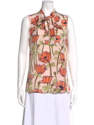 Pre-owned Tory Burch Floral Print Tie Neck Blouse In Pink