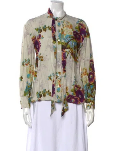 Pre-owned Tory Burch Floral Print Tie Neck Blouse In Purple