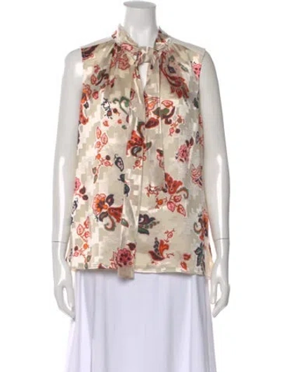 Pre-owned Tory Burch Floral Print Tie Neck Blouse W/ Tags In Neutral