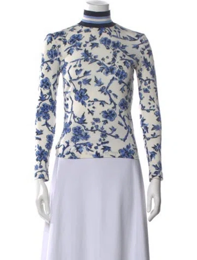 Pre-owned Tory Burch Floral Print Turtleneck Top In White
