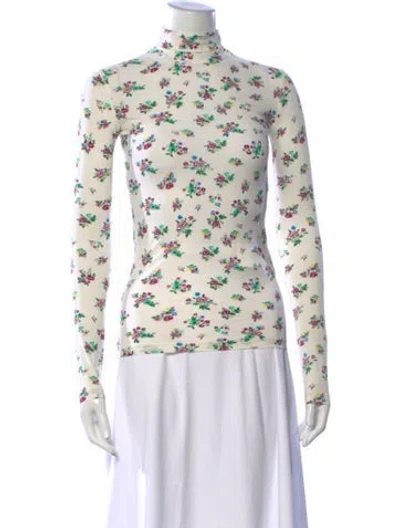 Pre-owned Tory Burch Floral Print Turtleneck Top In White