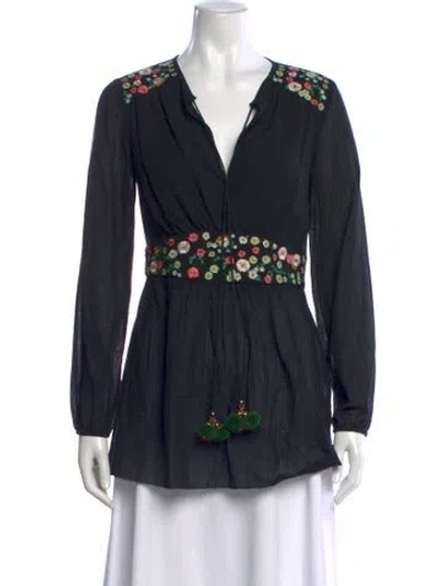 Pre-owned Tory Burch Floral Print V-neck Blouse In Black