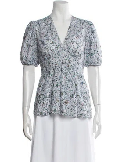 Pre-owned Tory Burch Floral Print V-neck Blouse In Blue
