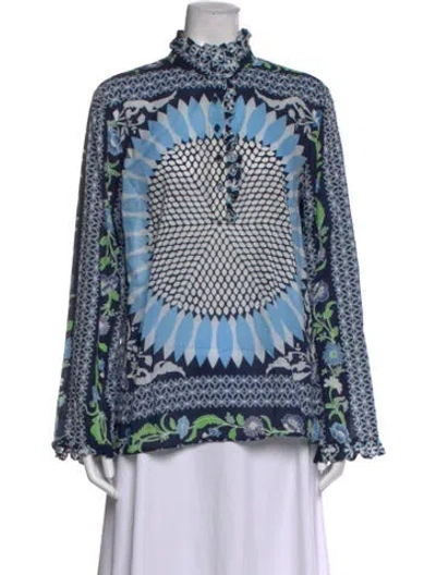 Pre-owned Tory Burch Floral Print V-neck Blouse In Blue