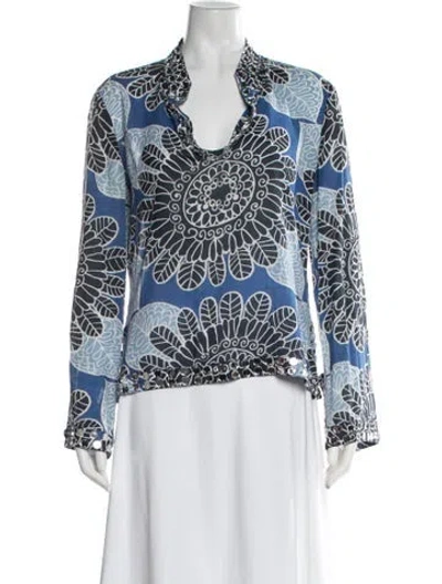 Pre-owned Tory Burch Floral Print V-neck Blouse In Blue