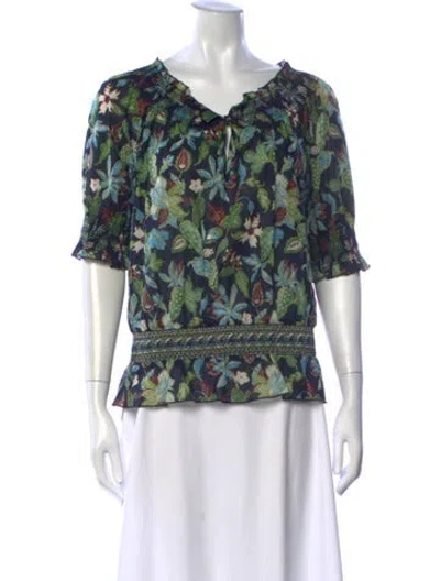 Pre-owned Tory Burch Floral Print V-neck Blouse In Blue