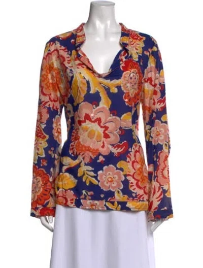 Pre-owned Tory Burch Floral Print V-neck Blouse In Blue