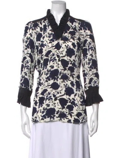 Pre-owned Tory Burch Floral Print V-neck Blouse In Blue