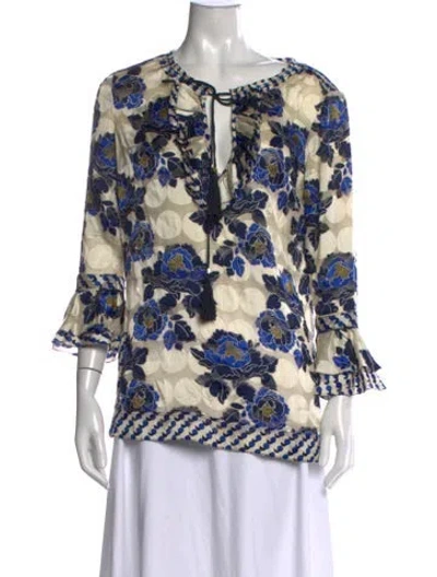 Pre-owned Tory Burch Floral Print V-neck Blouse In Blue/neutrals