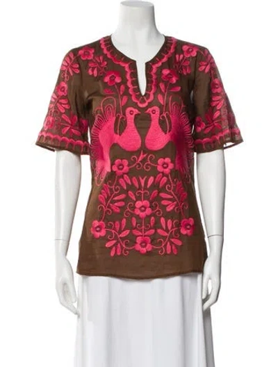 Pre-owned Tory Burch Floral Print V-neck Blouse In Brown