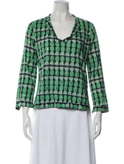 Pre-owned Tory Burch Floral Print V-neck Blouse In Green