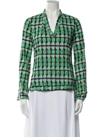 Pre-owned Tory Burch Floral Print V-neck Blouse In Green
