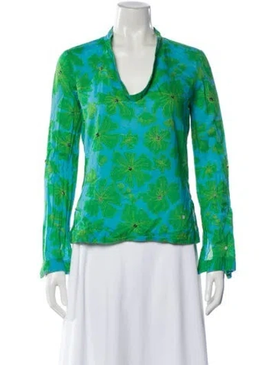 Pre-owned Tory Burch Floral Print V-neck Blouse In Green