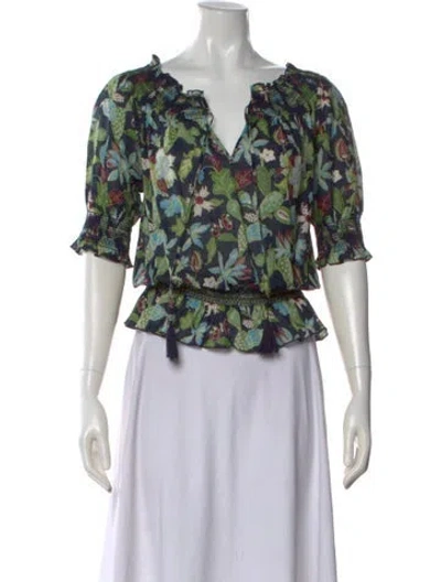 Pre-owned Tory Burch Floral Print V-neck Blouse In Green