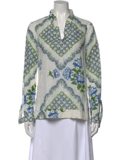 Pre-owned Tory Burch Floral Print V-neck Blouse In Green