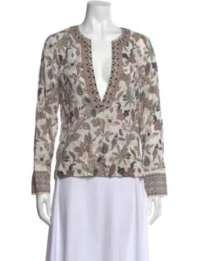 Pre-owned Tory Burch Floral Print V-neck Blouse In Green