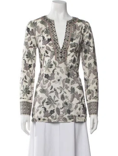 Pre-owned Tory Burch Floral Print V-neck Blouse In Green