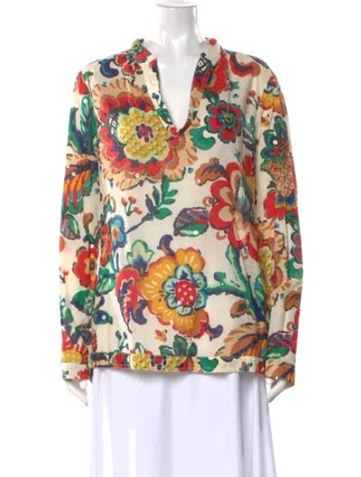 Pre-owned Tory Burch Floral Print V-neck Blouse In Neutral