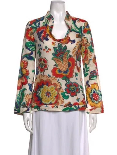 Pre-owned Tory Burch Floral Print V-neck Blouse In Neutrals
