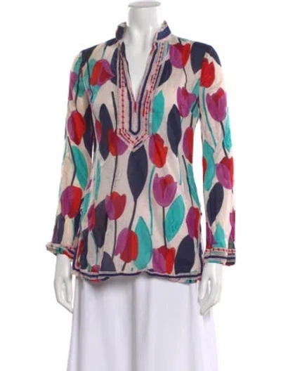 Pre-owned Tory Burch Floral Print V-neck Blouse In Pink