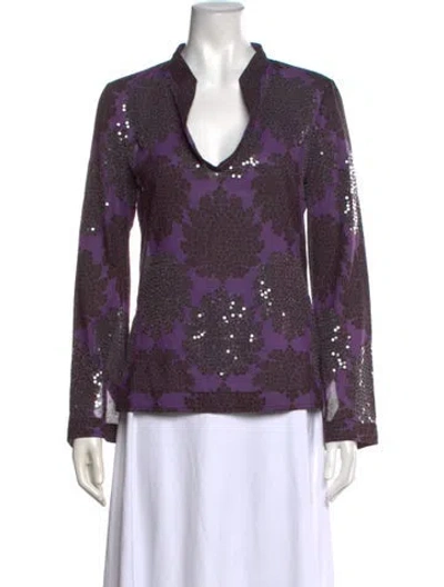 Pre-owned Tory Burch Floral Print V-neck Blouse In Purple