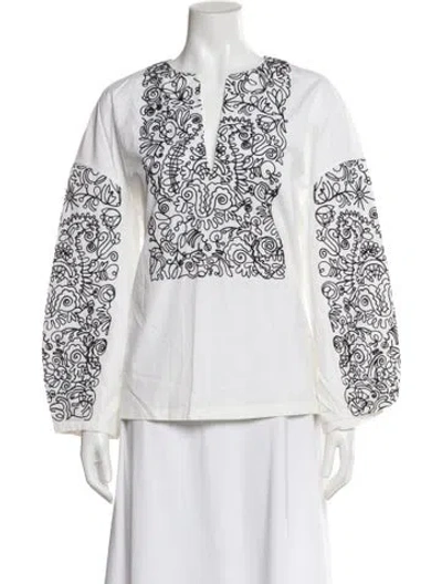 Pre-owned Tory Burch Floral Print V-neck Blouse In White