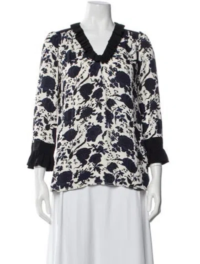Pre-owned Tory Burch Floral Print V-neck Blouse In White