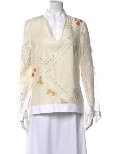 Pre-owned Tory Burch Floral Print V-neck Blouse In White