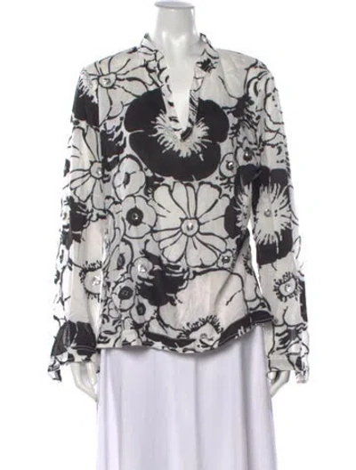 Pre-owned Tory Burch Floral Print V-neck Blouse In White