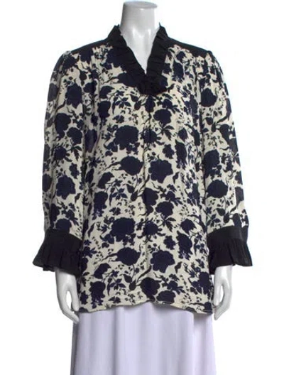 Pre-owned Tory Burch Floral Print V-neck Blouse In White