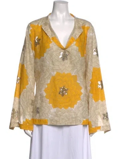 Pre-owned Tory Burch Floral Print V-neck Blouse In Yellow