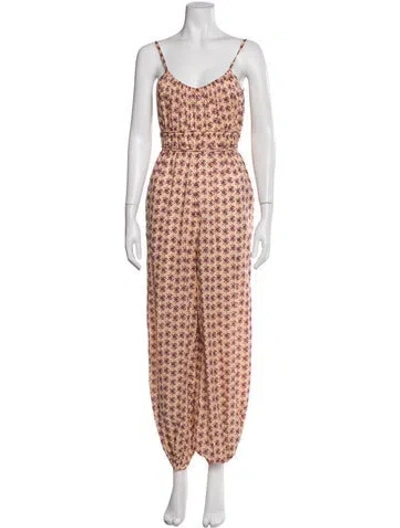 Pre-owned Tory Burch Floral Print V-neck Jumpsuit W/ Tags In Orange