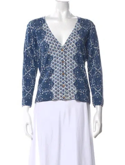 Pre-owned Tory Burch Floral Print V-neck Sweater In Blue