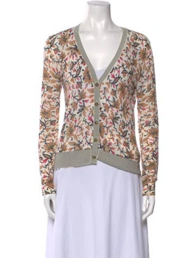 Pre-owned Tory Burch Floral Print V-neck Sweater In Neutral