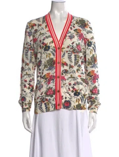 Pre-owned Tory Burch Floral Print V-neck Sweater In Neutrals