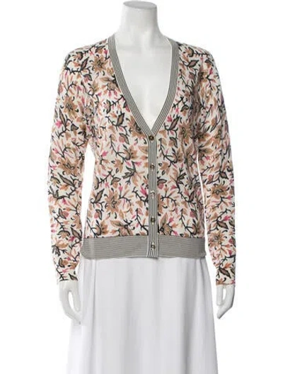 Pre-owned Tory Burch Floral Print V-neck Sweater In Neutrals