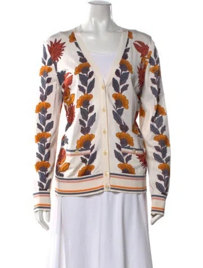 Pre-owned Tory Burch Floral Print V-neck Sweater In Orange