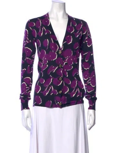 Pre-owned Tory Burch Floral Print V-neck Sweater In Purple