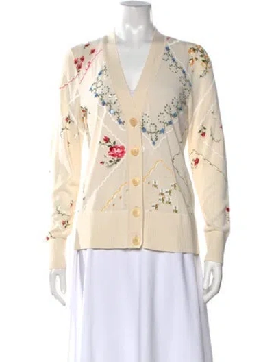 Pre-owned Tory Burch Floral Print V-neck Sweater W/ Tags In Neutral
