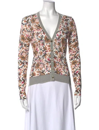 Pre-owned Tory Burch Floral Print V-neck Sweater W/ Tags In Neutral