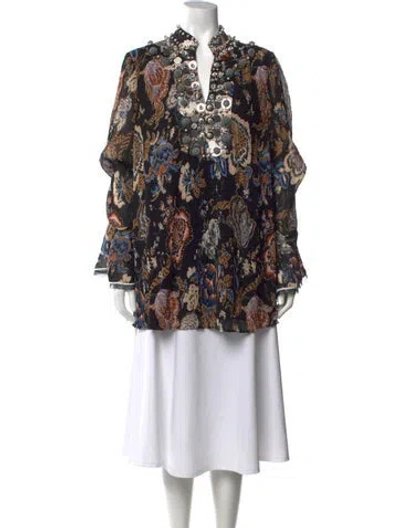 Pre-owned Tory Burch Floral Print V-neck Top In Black
