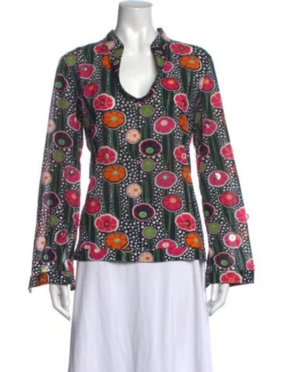 Pre-owned Tory Burch Floral Print V-neck Top In Black