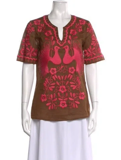 Pre-owned Tory Burch Floral Print V-neck Top In Brown
