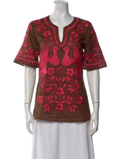 Pre-owned Tory Burch Floral Print V-neck Top In Brown