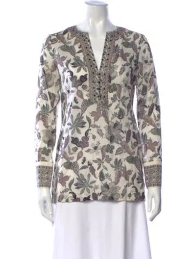 Pre-owned Tory Burch Floral Print V-neck Top In Neutral