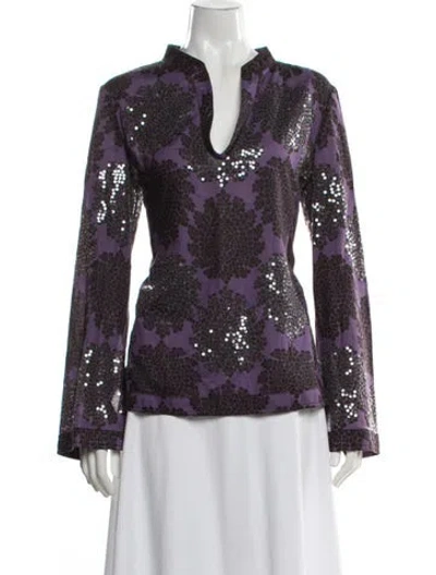 Pre-owned Tory Burch Floral Print V-neck Top In Purple