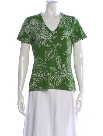 Pre-owned Tory Burch Floral Print V-neck T-shirt In Green